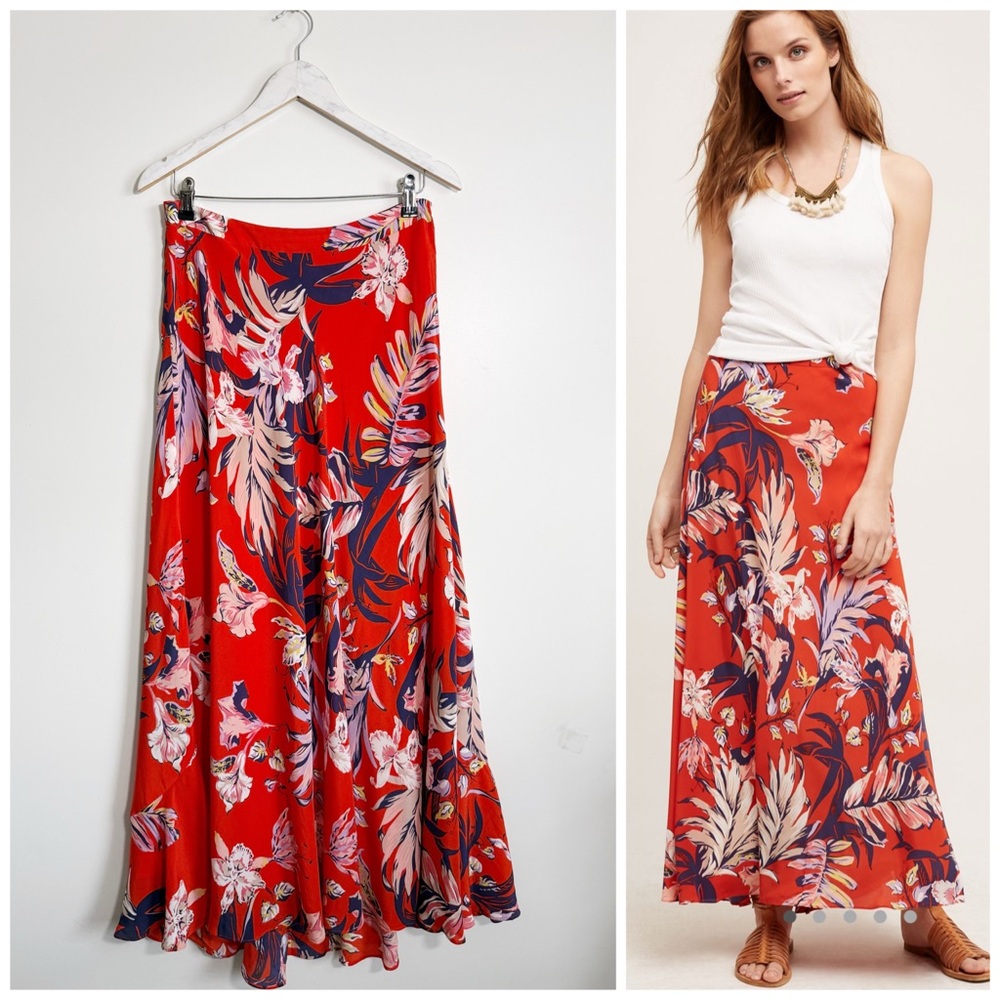 Anthropologie HD in PARIS Paso Robles Silk Red Floral Maxi Skirt Size 10